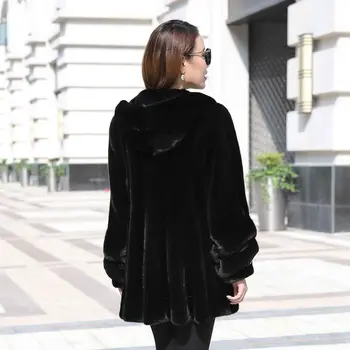 2020 Ženy kórejský Stredné Noriek Kožušinový Kabát Fermale Pevné Kapucňou Kožušinový Kabát Dámy Štíhle Pelt Udržať teplo v Zime Čierny Plášť Y22
