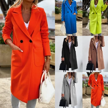 Jeseň Kabát Ženy Zase Dole Golier Pevné Žltý Kabát Bežné Lady Slim Elegantné Zmesi Vrchné Oblečenie Oblečenie 2020 Vlna Ženy Bunda