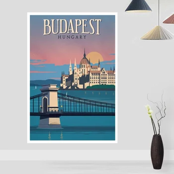 BUDAPEŠŤ Maďarsko Ročník City Cestovné Plagát Plátno Tlačiť Domova Wall Art Decor Č Rám