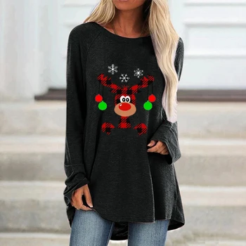Dámske Jeseň Topy Tričko okolo Krku Vianočné Roztomilý Jeleň Tlač Voľné Long-Sleeve Plus Veľkosť T-Shirt Strednej Dĺžky Tee Tričko S-5XL