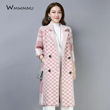 Ružová koberčeky faux noriek cardigan kabát ženy 2020 jeseň zima nový populárny dlho vlnené kabát módne kórejský elegantný kabát plus veľkosť