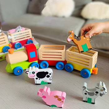Detský drevený Vlak Hračky pre deti farma zvierat zmes rozvoj duševného osvietenie hra