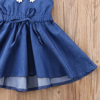 Batoľa Detský Baby Girl Dress Čipky Kvetinový riadok Džínsové Šaty Strany Sprievod Šaty Letné Ležérne Oblečenie 1-6Y