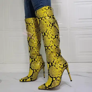 Ženy, Vysoké Topánky Sexy Žltého Hada Stiletto Vysokom Podpätku Topánky Ukázal Prst Zimné Tenké Päty Topánky Ženy