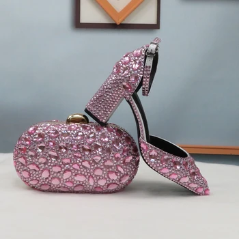 Baby Pink Crystal Letné Sandále členok popruh Módne svadobné topánky žena Ukázal prst Vysoké, Silné Päty Topánky 2020 Nový Príchod