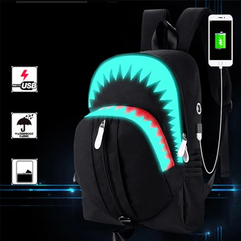 BPZMD Muži Móda USB Nabíjanie Noc Svetelný Batoh Shark Notebook Batoh Teenagerov Školské tašky Mochila Travel Bag Black