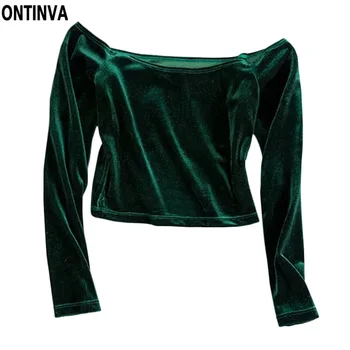 Letné Ženy Sexy Ramena Velvet Topy Tee Košele Zelená Farba Čierna Dievčatá Velúrové Tenké Elastické tričko Oblečenie