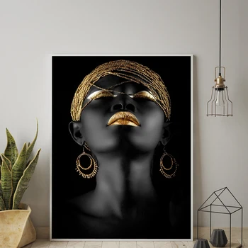 Čierna žena Model Vytlačí Plagáty Zlaté Monstera Pery Cuadros Decoracion Abstraktné Wall Art Obrázky Pre Obývacia Izba Moderný Dekor