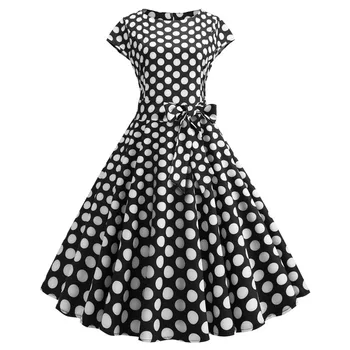 Plus Veľkosť Ženy Letné Šaty Biele Polka Dot Krátky Rukáv Hepburn 50. rokov 60-tych rokov, Vintage Šaty Župan Femme Bežné Strany Kancelárske Šaty