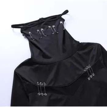 Black Punk Maska Pevné Nepravidelný T-shirts Ženy Mall Goth Estetické Duté Z Kolíky Harajuku Slim Tee Streetwear Turtleneck Topy