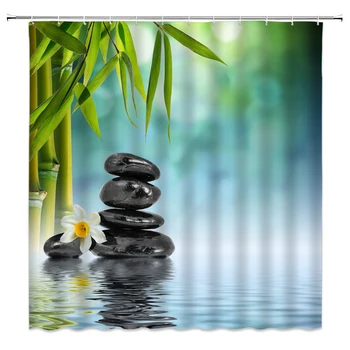 Japonsko Zenový Štýl Sprchové Závesy Zelené Bambusu Sopečného Kameňa Spa Pozadie Kúpeľňa Výzdoba Domov Vaňou Polyesterové Tkaniny, Záclony