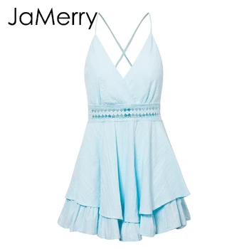 JaMerry Vintage sexy bez rukávov ženy romper Lete backless duté von modré krátke jumpsuit Bežné ženské remienky celkovo 2019