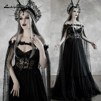 Lakshmigow Temná Rozprávka Gotický Čierne Svadobné Šaty s Cupped Korzet Bodice Fantasy Svadobné Šaty Halloween Svadba Plášť