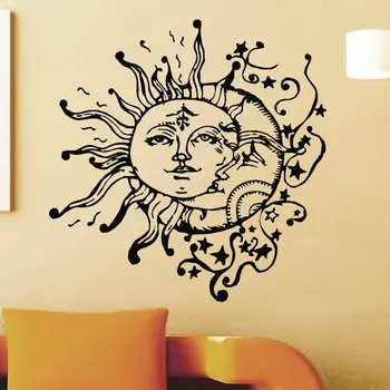 Kreatívne Špeciálne Stenu Domov Obývaciu Izbu Pohode Jedinečný Dekor Vinyl Na Stenu-Nálepky Na Sun Moon Zdvojnásobil Tvár Vzorované Nástenná Maľba Wm-551