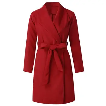 2019 Kabát Ženy, Vlna Plus Veľkosť Jeseň Zimné Móda Vintage Elegantné Pevné Červená Klope Pásu Srsti Cashmere Vlnené Kabát Zimný