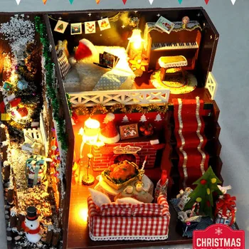 DIY domček pre bábiky Vianočné Miniatúrne Auta Realistické Mini 3D Drevený Dom Izba Plavidlá Puzzle Nábytok LED Svetlá Hudby Detí PUZ