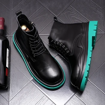 Pánske luxusné módne punk nightlcub šaty originálne kožené topánky čierne topánky platformu dizajnér kovboj boot členok botas masculinas