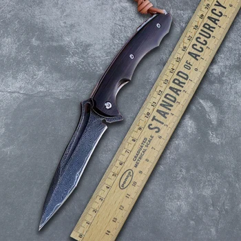 Vrecko na skladací nôž s kožený plášť VG10 Damasku ocele čepeľ eben rukoväť Self-defense nôž pre lov