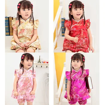 2020 Nové Letné Kvetinové Qipao Detí Nastavuje Nový Rok Čínske dieťa dievčatá šaty krátke nohavice cheongsam oblečenie