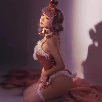 Japonský Bunny Dievča Cosplay Kostým Halloween Žien Ruža Ružová Velvet Sexy Jumpsuit Erotické Roleplay Kawaii Bielizeň Králik Šaty