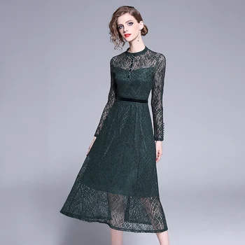 Bonnie Thea zelenej čipky ženy šaty Jeseň Elegantné office OL dámy šaty vestidos femme dlhý Rukáv šaty dámske oblečenie 2018