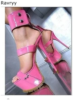 Ružová Žena sandále členok popruh Sexy Čerpadlá otvorené prst vysokým podpätkom letné módy platformu päty ženské šaty, topánky strana zobraziť oblečenie
