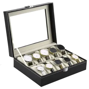 10 Slotov Luxusné PU Kožené Náramkové Hodinky Šperky Gem Display Box Úložný Organizátor Prípade Kolekcia Black ACEHE