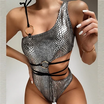 Brazílske bikini remeň kombinézach jednodielne plavky samica Hada tlače monokiny Vysoký strih plaviek ženy String biquini nové 2020