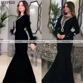Dlhé Rukávy Black Morská Víla Saudskej Arabčina Večerné Šaty Sliver, Kryštál Dĺžka Podlahy Elegantné Formálne Šaty Plus Veľkosť Prom Šaty
