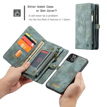 CaseMe Odnímateľný Flip puzdro Pre iPhone 11 Pro 2019 2 v 1, Multi-Funkčný Zips Peňaženky Kryt Telefónu, Pre iPhone 11 / 11 Pro Max