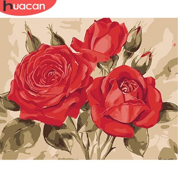 HUACAN Maľby Číslo Ruže Kvet Kresliace Plátno, Akryl Handpainted Wall Art Obrázky Podľa Počtu Darček Domova