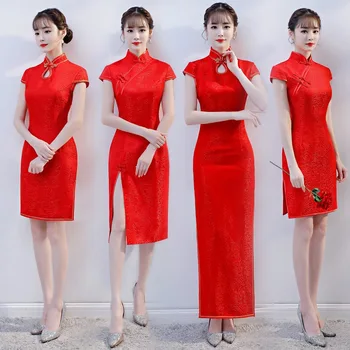 Sexy Červené Lady Letné Dlhé Cheongsam Čínsky štýl Šaty Žena Qipao Slim Party Šaty Tlačidlo Vestido Plus Veľkosť S-4XL