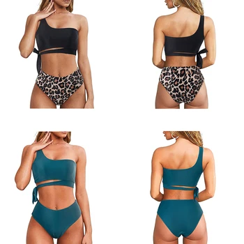 RXRXCOCO Bikini Vysoký Pás Plavky Ženy Push Up Plavky, plážové oblečenie Žien Sexy Plávanie Oblek Leopard Rameno Ženy Bikiny