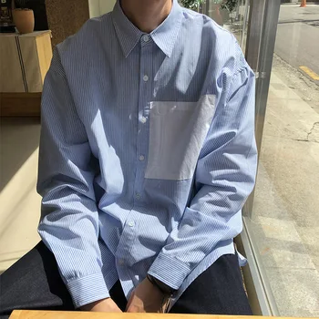 Muži Kórea Japonsko Streetwear Príležitostné Voľné Prúžok Dlhý Rukáv Košele Male Vintage Módu Pre Mládež Košele