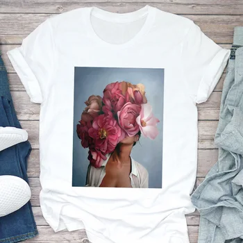 Vintage Kvety Pierko Print T Shirt Gotický Okrúhlym Výstrihom, Krátky Rukáv Bežné Topy T-shirt Ženy Nového Roku 2020 Harajuku Biele Tričko