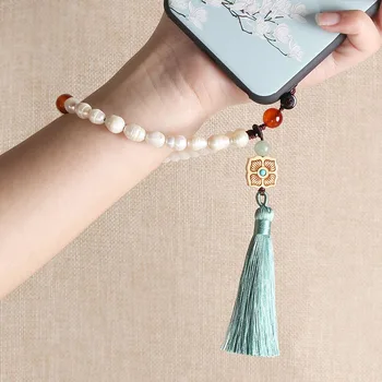 Čínsky element ručné pôvodné tkané žien pearl mobilný telefón prípade prívesok mobilný telefón lanko krátke strapec príslušenstvo