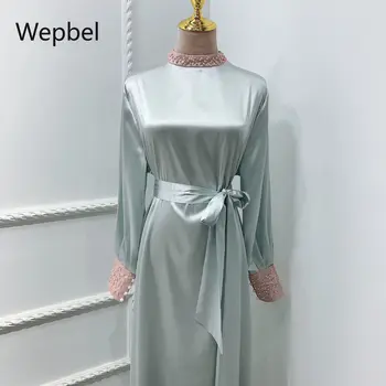 WEPBEL Mäkké Vintage Čipky Korálkové Moslimské Oblečenie Dubaj Sladké Satin Turecko Župan Módne Dlhý Rukáv Abaya Vysoký Pás Kaftane Kimono