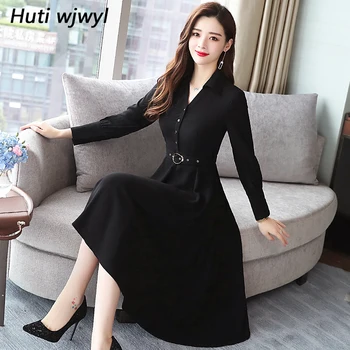Plus Veľkosť 2021 Jeseň Zima Nové Čierna Midi Šaty Elegantné Ženy Kórejský Bodycon Tvaru Party Šaty S Dlhým Rukávom Dráhy Vestidos