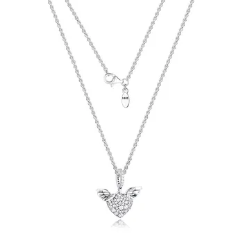 Jasné, CZ Srdce a anjelské Krídla Prívesok Náhrdelníky pre Ženy 925 Sterling Silver Collier Šperky Žena Choker Náhrdelník Jemné Šperky