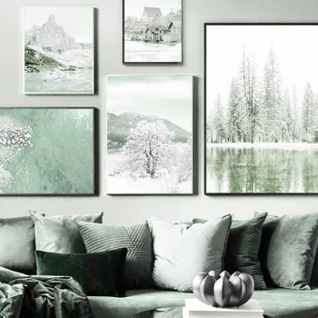 V Zime Sneh Na Horských Cedar Lake Forest Domov Umelecké Plátno Na Maľovanie Nordic Plagáty A Potlačou Obrazov Na Stenu Pre Obývacia Izba Dekor