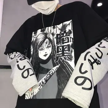 Paríž Dievča Harajuku Japonské Anime Tlač Ženy Mikina Falošné 2 Ks O-Krk Dlhý Rukáv Príležitostné Voľné Žena T-Shirt