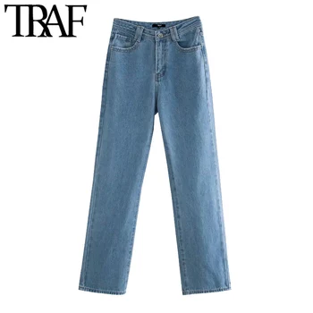 TRAF Ženy Elegantný Módy Bočné Vrecká Rovné Džínsy Vintage Vysoký Pás Zips Ženské Nohavice Džínsové Nohavice Mujer
