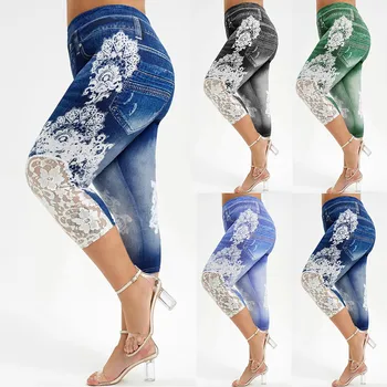 Móda Ženy Plus Veľkosť Čipky Tlač Spájať Elastický Pás Bežné Legíny, Nohavice Kulturistike Jeggings Ženy Nohavice Nohavice