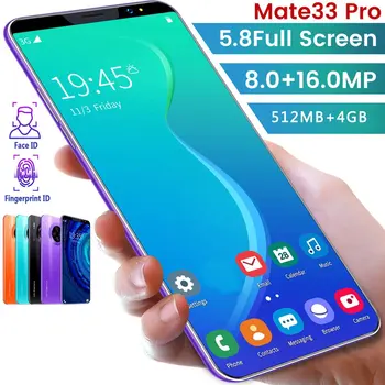 HORÚCE!Mate33 Pro Smartphone s 512M+4GGB Veľké Pamäte 5.8 Palcový Displej Podpora Tvár/Odtlačkov prstov Odomknúť Dual SIM Mobilných Telefónov