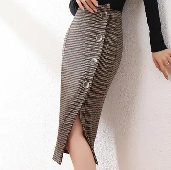Jeseň zima ol Houndstooth vlnené sukne ženy vysoký pás package hip split knen dĺžka ceruzku sukne