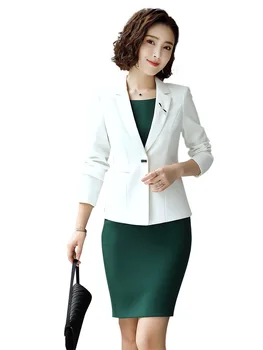 2 Ks Súpravy Dámske Pracovné oblečenie Oblečenie Čierna Biela Zelená Šaty Svadobný Oblek Dlhé Šaty s Plášťom Žena Šaty a Obleky