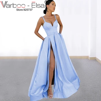 VARBOO_ELSA Sexy svetlo modrá Večerné Šaty 2019 V Krku Satin Večerné Šaty Dlhé Formálne Večerné Šaty Žien Jednoduché Prom Šaty