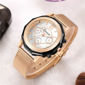 Ženy Hodinky 2020 Nový Štýlový Ženeve Luxusné Dámske Šaty Náramkové hodinky Zliatiny Watchband Rose Gold Dial Žena Hodiny relogio