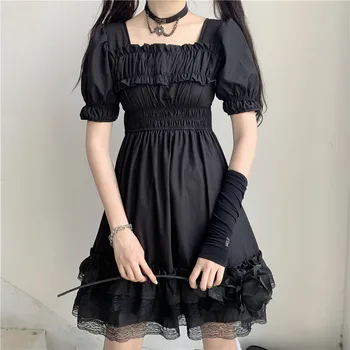 Temné, Gotické Black Lolita Šaty Bublina Krátky Rukáv Čipky Prehrabať Šaty Viktoriánskej Vintage Japonský štýl Dievčatá Halloween COS BL4263