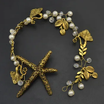 Antique Gold Crystal Ryby hviezdice pearl conch škrupiny nevesta šperky manželstva studio koruny headdress svadobné doplnky do vlasov